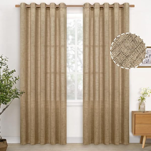 Natural Linen Curtains 63 Inch Length 2 Panels Bronze Grommet Linen Textured Short Window Drapes Light Filtering for Living Room Bedroom, 52 X 63 Inch