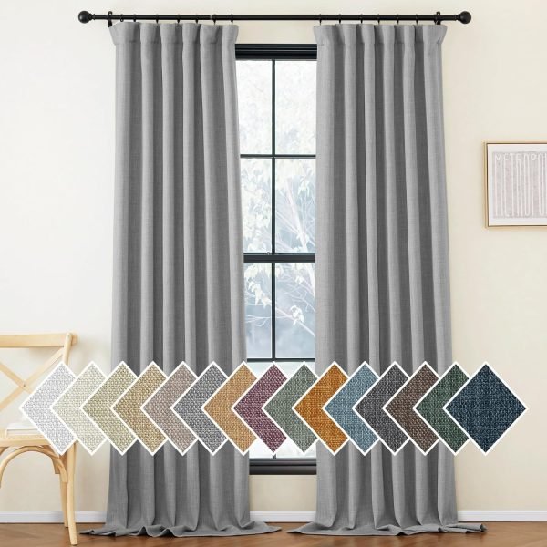 Faux Linen Curtains 90 inches Long for Doorway, Pinch Pleated Thick Room Darkening Window Treatments Noise Reducing Privacy for Living Room/Bedroom, Natural, W34 x L90, 2 Panels