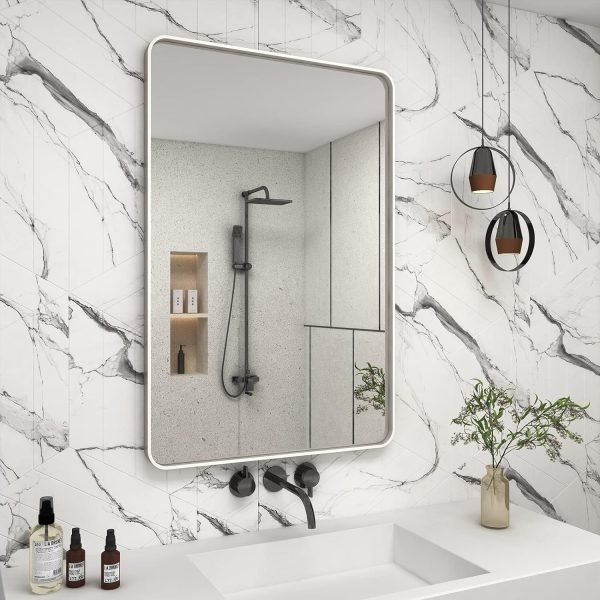 20x30 Silver Bathroom Mirror, Silver Wall Mirror for Vanity, Brushed Metal Framed Rectangle Mirror, Anti-Rust, Brushed Nickel,Shatterproof, Round Corners(Horizontally/Vertically)