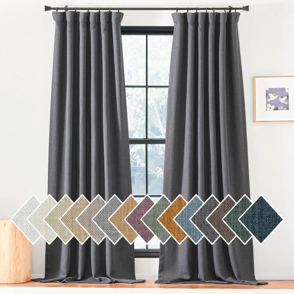 Faux Linen Curtains 90 inches Long for Doorway, Pinch Pleated Thick Room Darkening Window Treatments Noise Reducing Privacy for Living Room/Bedroom, Natural, W34 x L90, 2 Panels