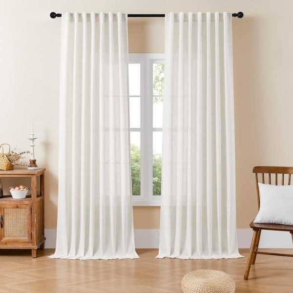 Linen Curtains for Living Room,Semi-Sheer Curtains 108 Inches Long,Living Room Curtains 2 Panel Sets,White Curtains Pinch Pleated Curtains & Drapes(W52 x L108 Inch, Off-White)