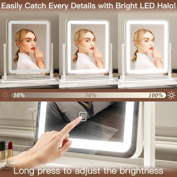 Vanity Mirror with Lights - 15"x12.6" LED Lighted Makeup Mirror, Large Makeup Mirror with Lights, Touch Screen with 3-Color Lighting, Dimmable, for Vanity Desk Tabletop, Bedroom