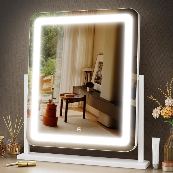 Makeup Vanity Mirror with Lights 15.2" Large LED Lighted Mirror, Hollywood Make Up Mirror with Lighting for Bedroom Tabletop, Smart Touch, Detachable 10X Magnification 360° Rotation, (White)