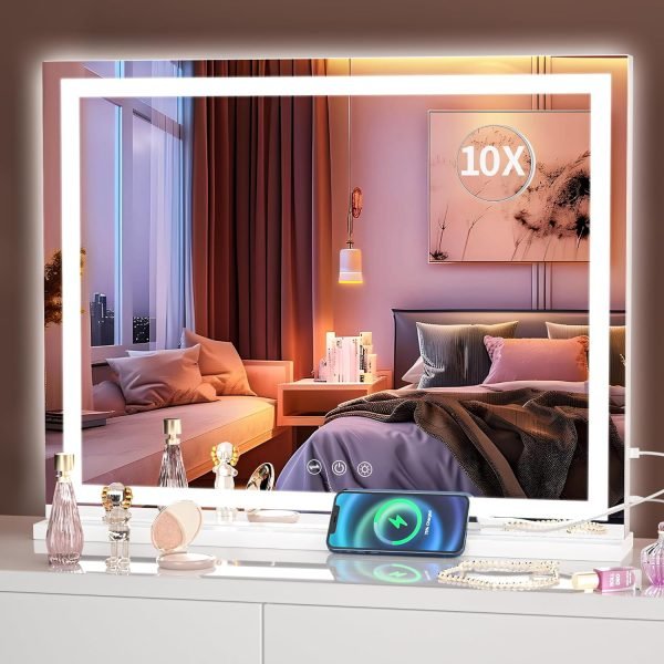 81PmQb97S_L._AC_SL1500 Vanity Mirror with Lights, 10"×12" LED Makeup Mirror, Lighted Makeup Mirror with Lights, Smart Touch Control Dimmable 3 Modes Light 360°Rotation White