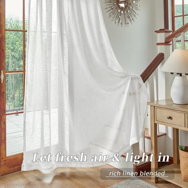 White Linen Sheer Curtains 96 Inch Length for Extra Wide Windows 84 Inch Width 2 Panel Back Tab Pocket Light Filter Semi Sheer Long Skinny Curtains for Living Room Rustic Farmhouse 8 FT Wide 84 x 96