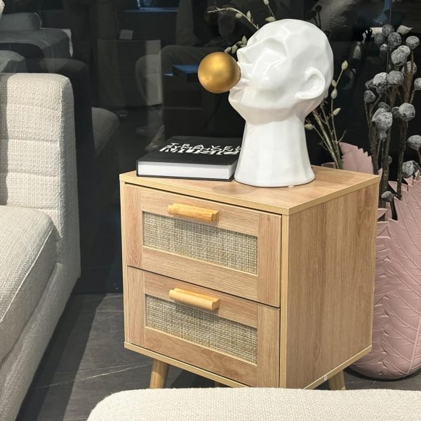 Nightstand with Charging Station,Rattan Night Stand with Solid Wood Legs, Bedside Table with USB Ports & Outlets Bed Side Table,End Table for Bedroom,Living Room(Nature Wood Color)