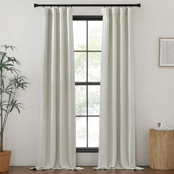 Faux Linen Curtains 90 inches Long for Doorway, Pinch Pleated Thick Room Darkening Window Treatments Noise Reducing Privacy for Living Room/Bedroom, Natural, W34 x L90, 2 Panels