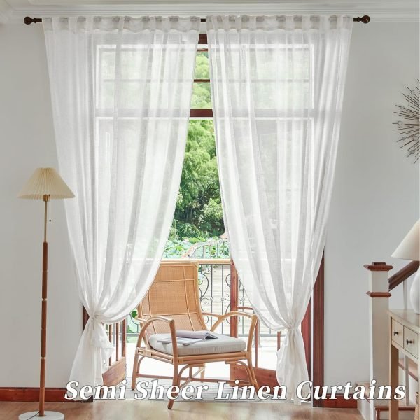 White Linen Sheer Curtains 96 Inch Length for Extra Wide Windows 84 Inch Width 2 Panel Back Tab Pocket Light Filter Semi Sheer Long Skinny Curtains for Living Room Rustic Farmhouse 8 FT Wide 84 x 96