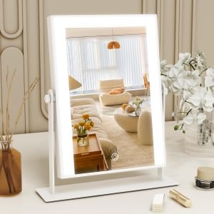 Lighted Makeup Mirror with Light, 9"x11" Vanity Mirror with Lights, Portable Tabletop Cosmetic Make Up Mirror, Smart Touch Control, Dual Power Supply, 360°Rotation