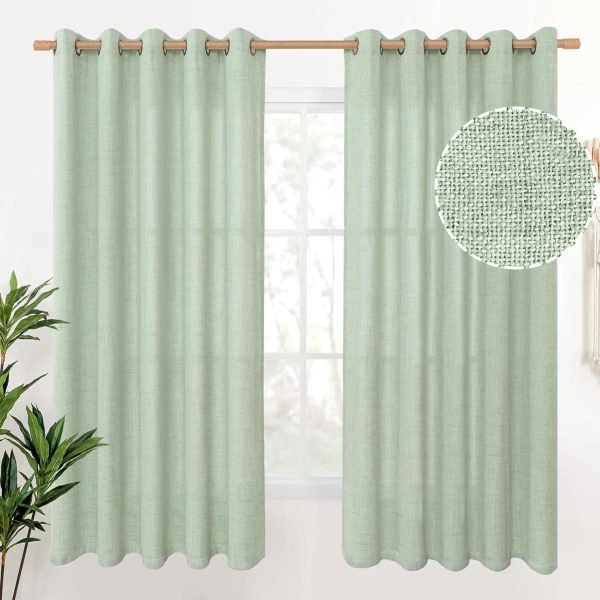 Natural Linen Curtains 63 Inch Length 2 Panels Bronze Grommet Linen Textured Short Window Drapes Light Filtering for Living Room Bedroom, 52 X 63 Inch