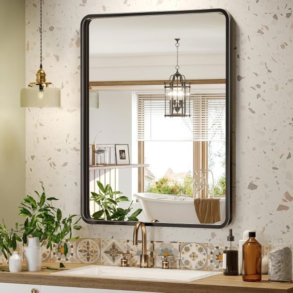 Black Bathroom Mirror for Wall, 20 x 28 Inch Rectangluar Black Metal Framed Mirror, Modern Wall Mounted Vanity Mirror for Bathroom, Vertical or Horizontal