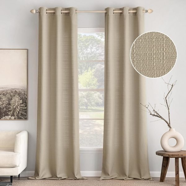 White Faux Linen Textured Curtains 72 Inch Length 2 Panels Set for Living Room Bedroom Privacy Casual Weave Farmhouse Burlap Semi Sheer Grommet Top Light Filtering Window Drapes, W37 x L72
