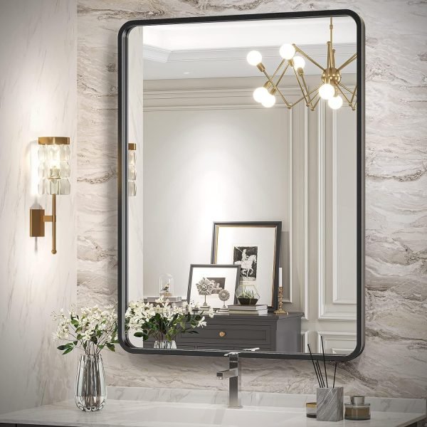 Black Bathroom Mirror for Wall, 20 x 28 Inch Rectangluar Black Metal Framed Mirror, Modern Wall Mounted Vanity Mirror for Bathroom, Vertical or Horizontal