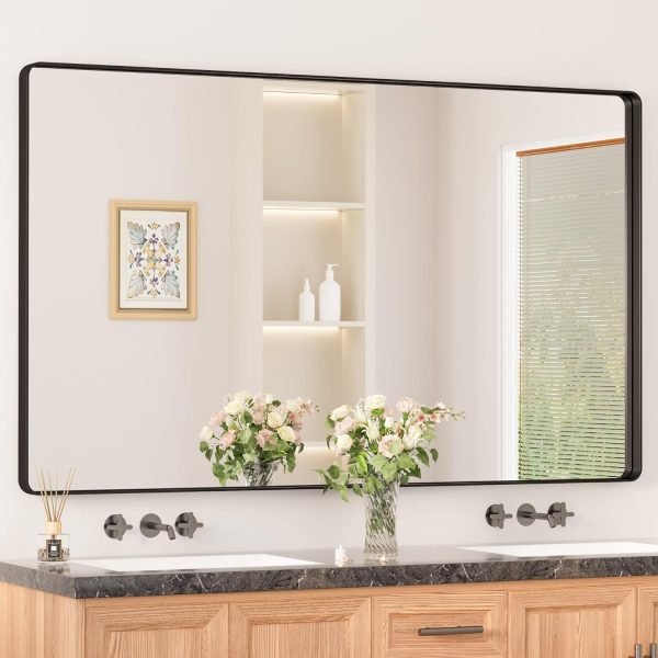 81YrKi8HYTL._AC_SL1500 Black Metal Framed Bathroom Mirrors for Wall, 20 x 30 Inch Rounded Rectangle Bathroom Vanity Mirror, Matte Black Farmhouse Mirror with Seamless Frame, HD Tempered Glass(Horizontal/Vertical)