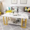 Marble Coffee Table, Faux Marble Top Rectangular Coffee Table with Gold Metal Frame, 2 Tier Living Room Table for Living Room, Office, Balcony, 40 Inch, White and Gold