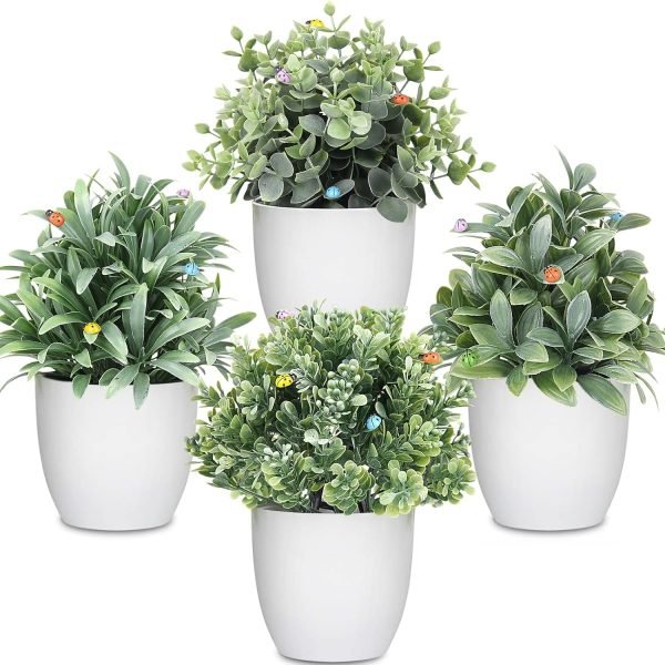 81_rs5RTTRL._AC_SL1500 rtificial Potted Plants Mini Fake Plants in Pots, 4 Pack Medium Eucalyptus Potted Faux Decorative Grass Plant with White Plastic Pot for Home Decor, Indoor, Office, Desk, Table Decoration