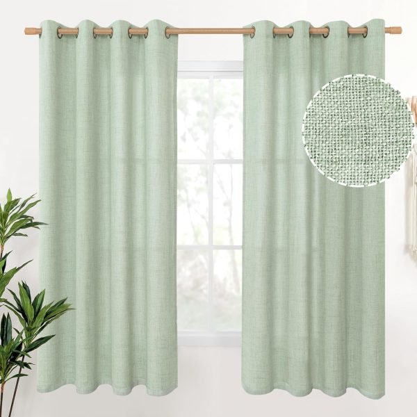 Natural Linen Curtains 63 Inch Length 2 Panels Bronze Grommet Linen Textured Short Window Drapes Light Filtering for Living Room Bedroom, 52 X 63 Inch