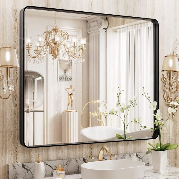81b-5lZWAkL._AC_SL1500 22x30 Inch Bronze Bathroom Mirror for Vanity, Brushed Bronze Metal Frame Mirror for Wall, Rounded Rectangle Bronze Frame Mirror with Tempered Glass, Anti-Rust (Horizontal/Vertical)