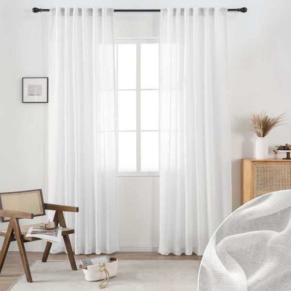 White Linen Sheer Curtains 96 Inch Length for Extra Wide Windows 84 Inch Width 2 Panel Back Tab Pocket Light Filter Semi Sheer Long Skinny Curtains for Living Room Rustic Farmhouse 8 FT Wide 84 x 96