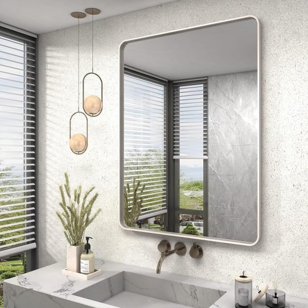 20x30 Silver Bathroom Mirror, Silver Wall Mirror for Vanity, Brushed Metal Framed Rectangle Mirror, Anti-Rust, Brushed Nickel,Shatterproof, Round Corners(Horizontally/Vertically)
