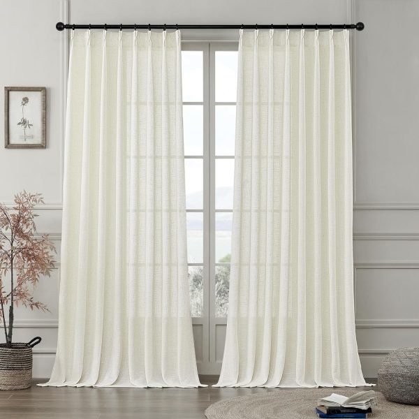 Pleated Linen Curtains 96 Inches Long for Living Room 2 Panel Set, Semi Sheer Pinch Pleat Back Tab Drapes with Hooks Neutral Boho Light Filtering Curtain for Bedroom Window 8 Ft W38xL96