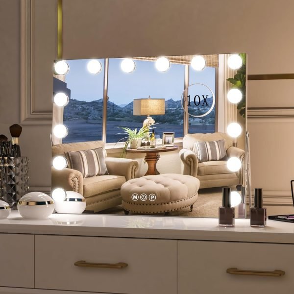 Hollywood Vanity Mirror with Lights, Vanity Makeup Mirror with 9 LED Bulbs, 3 Color Lighting Modes, U-Shaped Bracket, Smart Touch Control