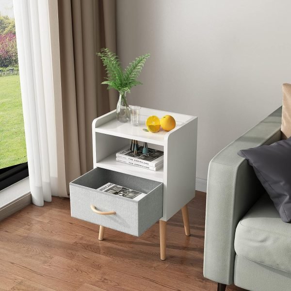 NightStand with Fabric Drawer, Bedside Table with Solid Wood Legs, Minimalist and Practical End Side Table with Open Storage Shelf for Bedroom, White.