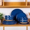 Stoneware Dinnerware Sets for 4, 12 Pieces Handpainted Plates and Bowls Set with Wavy Rim, Chip and Scratch Resistant Dishes set, Dishwasher & Microwave Safe, Royal Blue