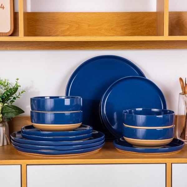 Stoneware Dinnerware Sets for 4, 12 Pieces Handpainted Plates and Bowls Set with Wavy Rim, Chip and Scratch Resistant Dishes set, Dishwasher & Microwave Safe, Royal Blue