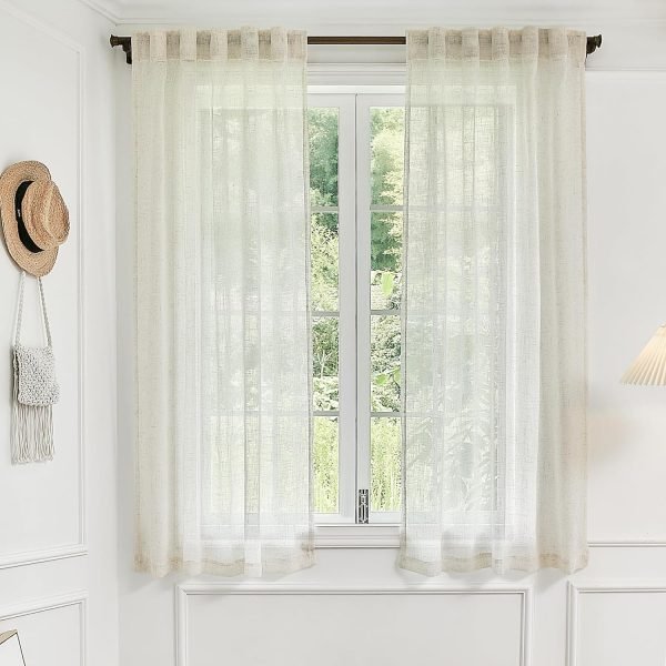 White Linen Sheer Curtains 96 Inch Length for Extra Wide Windows 84 Inch Width 2 Panel Back Tab Pocket Light Filter Semi Sheer Long Skinny Curtains for Living Room Rustic Farmhouse 8 FT Wide 84 x 96