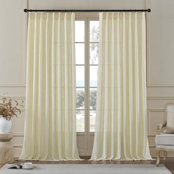 Pleated Linen Curtains 96 Inches Long for Living Room 2 Panel Set, Semi Sheer Pinch Pleat Back Tab Drapes with Hooks Neutral Boho Light Filtering Curtain for Bedroom Window 8 Ft W38xL96