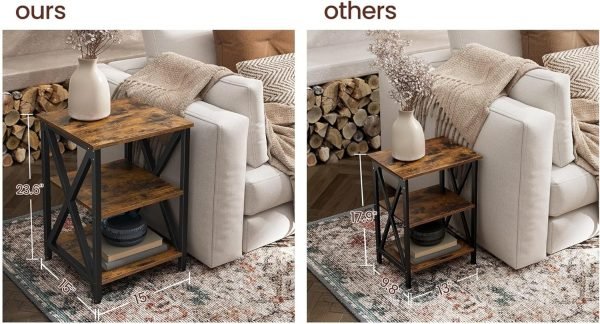 Three-Tier Nightstand with Storage, S-Shaped Steel Frame Coffee Table, Suitable for Living Room and Bedroom, 15.7 x 15.7 x 23.6 inches, Farmhouse Style, Rustic Brown and Black