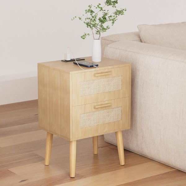 Nightstand with Charging Station,Rattan Night Stand with Solid Wood Legs, Bedside Table with USB Ports & Outlets Bed Side Table,End Table for Bedroom,Living Room(Nature Wood Color)