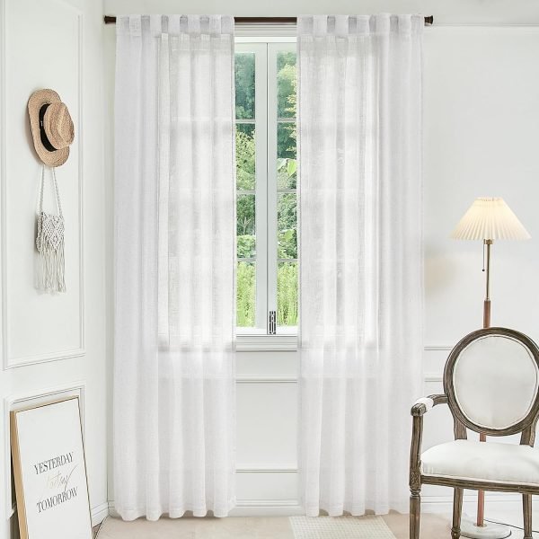 White Linen Sheer Curtains 96 Inch Length for Extra Wide Windows 84 Inch Width 2 Panel Back Tab Pocket Light Filter Semi Sheer Long Skinny Curtains for Living Room Rustic Farmhouse 8 FT Wide 84 x 96