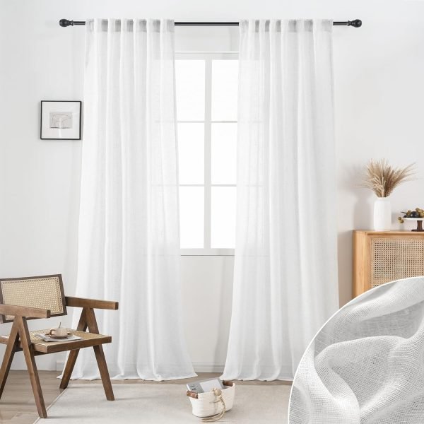 White Linen Sheer Curtains 96 Inch Length for Extra Wide Windows 84 Inch Width 2 Panel Back Tab Pocket Light Filter Semi Sheer Long Skinny Curtains for Living Room Rustic Farmhouse 8 FT Wide 84 x 96