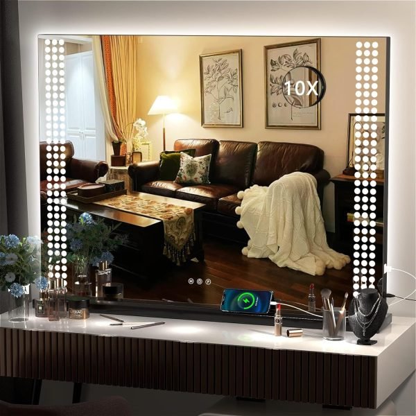 81q3Q9xJMhL._AC_SL1500 Vanity Mirror with Lights, 10"×12" LED Makeup Mirror, Lighted Makeup Mirror with Lights, Smart Touch Control Dimmable 3 Modes Light 360°Rotation White