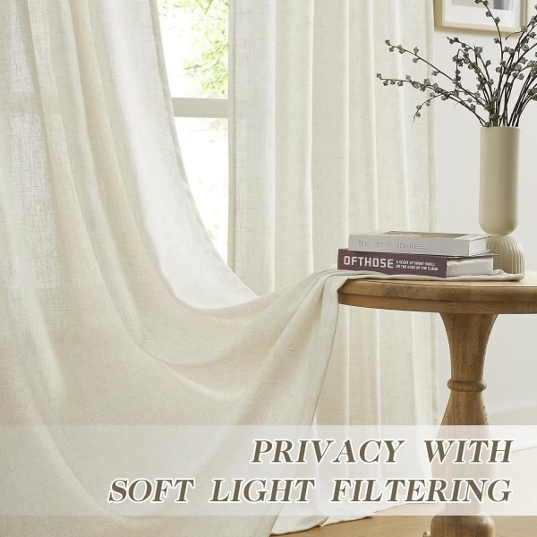 Pleated Linen Curtains 96 Inches Long for Living Room 2 Panel Set, Semi Sheer Pinch Pleat Back Tab Drapes with Hooks Neutral Boho Light Filtering Curtain for Bedroom Window 8 Ft W38xL96