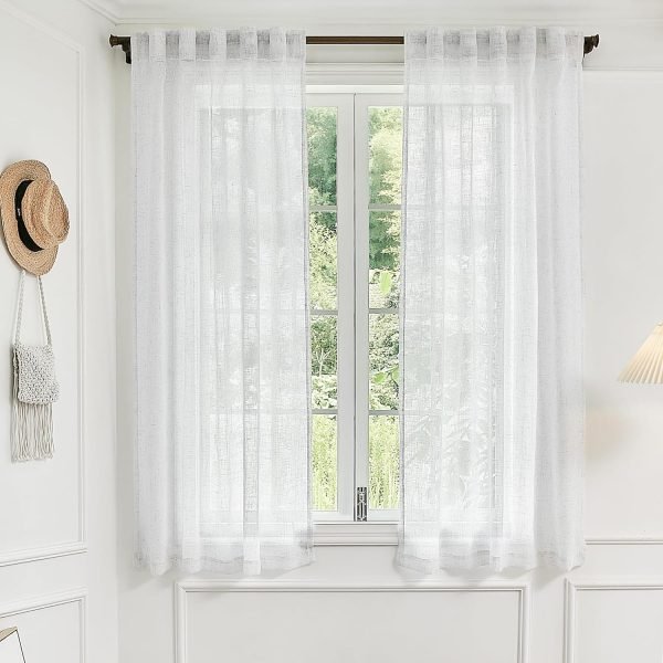 White Linen Sheer Curtains 96 Inch Length for Extra Wide Windows 84 Inch Width 2 Panel Back Tab Pocket Light Filter Semi Sheer Long Skinny Curtains for Living Room Rustic Farmhouse 8 FT Wide 84 x 96