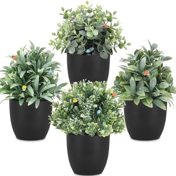 81tAPHT4LsL._AC_SL1500 rtificial Potted Plants Mini Fake Plants in Pots, 4 Pack Medium Eucalyptus Potted Faux Decorative Grass Plant with White Plastic Pot for Home Decor, Indoor, Office, Desk, Table Decoration