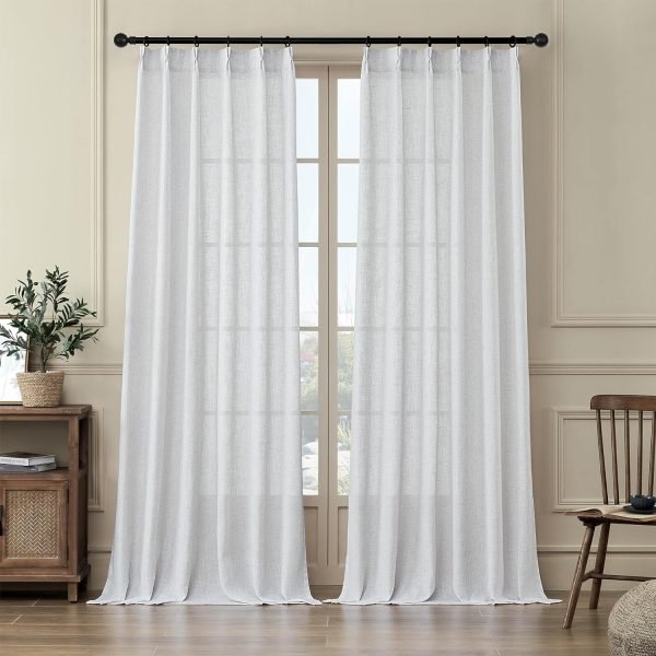 Pleated Linen Curtains 96 Inches Long for Living Room 2 Panel Set, Semi Sheer Pinch Pleat Back Tab Drapes with Hooks Neutral Boho Light Filtering Curtain for Bedroom Window 8 Ft W38xL96