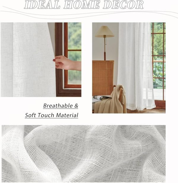White Linen Sheer Curtains 96 Inch Length for Extra Wide Windows 84 Inch Width 2 Panel Back Tab Pocket Light Filter Semi Sheer Long Skinny Curtains for Living Room Rustic Farmhouse 8 FT Wide 84 x 96