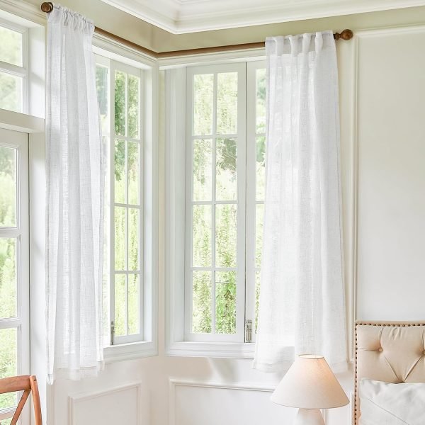 White Linen Sheer Curtains 96 Inch Length for Extra Wide Windows 84 Inch Width 2 Panel Back Tab Pocket Light Filter Semi Sheer Long Skinny Curtains for Living Room Rustic Farmhouse 8 FT Wide 84 x 96
