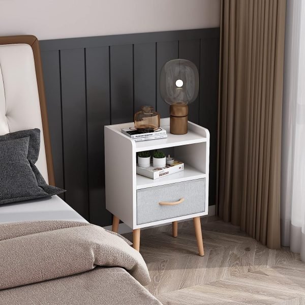 NightStand with Fabric Drawer, Bedside Table with Solid Wood Legs, Minimalist and Practical End Side Table with Open Storage Shelf for Bedroom, White.