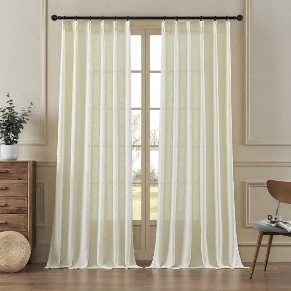 Pleated Linen Curtains 96 Inches Long for Living Room 2 Panel Set, Semi Sheer Pinch Pleat Back Tab Drapes with Hooks Neutral Boho Light Filtering Curtain for Bedroom Window 8 Ft W38xL96