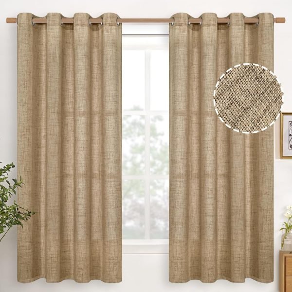 Natural Linen Curtains 63 Inch Length 2 Panels Bronze Grommet Linen Textured Short Window Drapes Light Filtering for Living Room Bedroom, 52 X 63 Inch