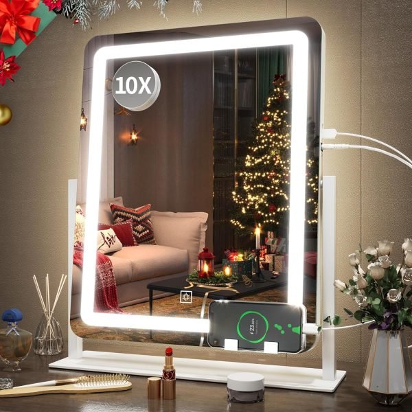 Vanity Mirror with Lights - 15"x12.6" LED Lighted Makeup Mirror, Large Makeup Mirror with Lights, Touch Screen with 3-Color Lighting, Dimmable, for Vanity Desk Tabletop, Bedroom