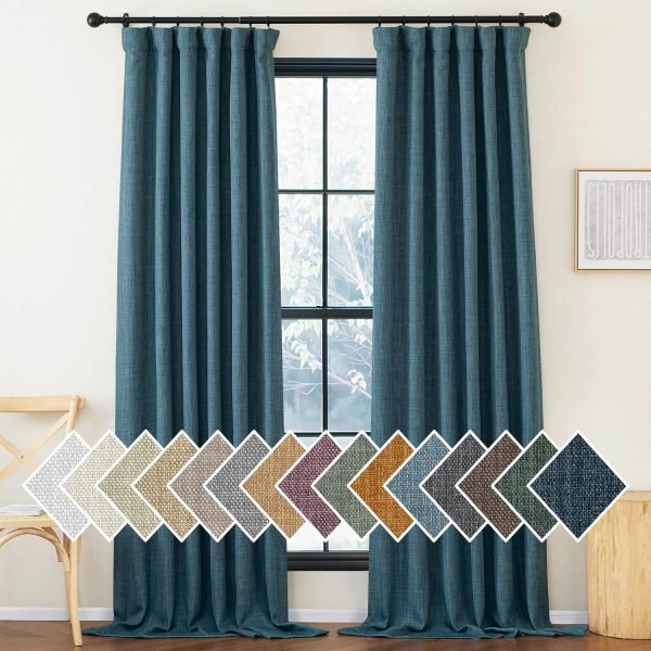 Faux Linen Curtains 90 inches Long for Doorway, Pinch Pleated Thick Room Darkening Window Treatments Noise Reducing Privacy for Living Room/Bedroom, Natural, W34 x L90, 2 Panels
