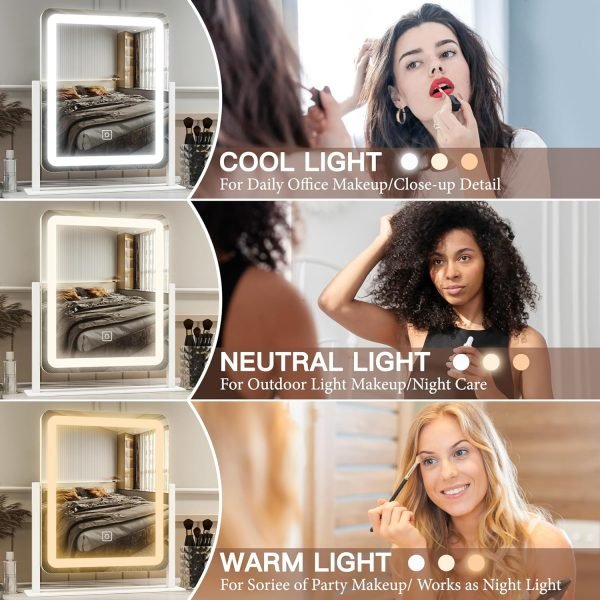 Vanity Mirror with Lights - 15"x12.6" LED Lighted Makeup Mirror, Large Makeup Mirror with Lights, Touch Screen with 3-Color Lighting, Dimmable, for Vanity Desk Tabletop, Bedroom