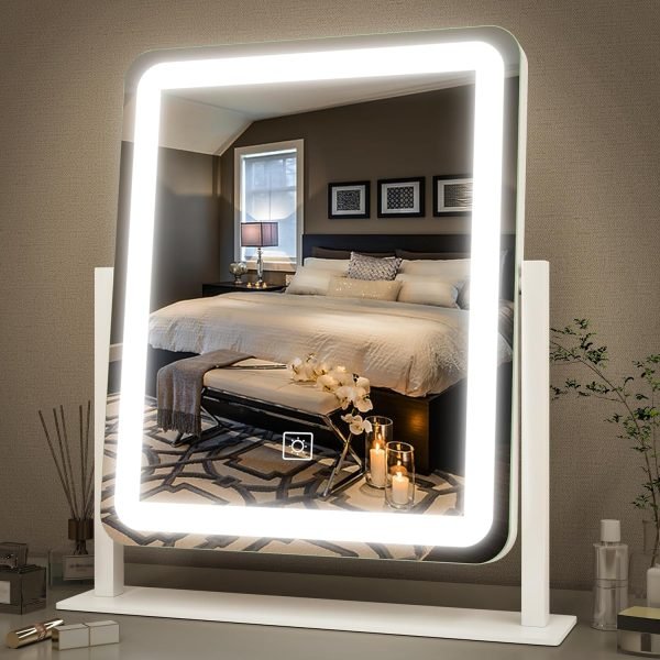 Vanity Mirror with Lights - 15"x12.6" LED Lighted Makeup Mirror, Large Makeup Mirror with Lights, Touch Screen with 3-Color Lighting, Dimmable, for Vanity Desk Tabletop, Bedroom