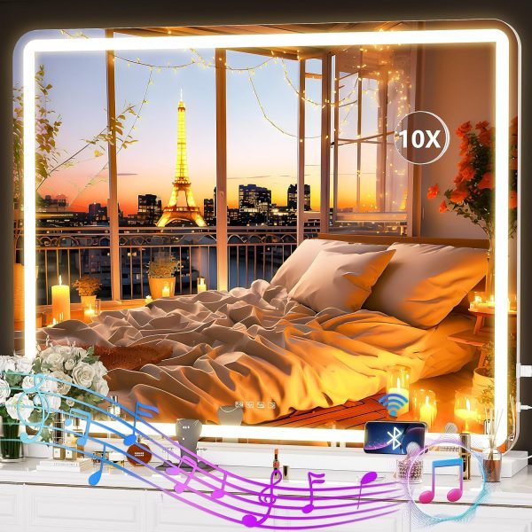 91gRnyg_0oL._AC_SL1500 Vanity Mirror with Lights, 10"×12" LED Makeup Mirror, Lighted Makeup Mirror with Lights, Smart Touch Control Dimmable 3 Modes Light 360°Rotation White